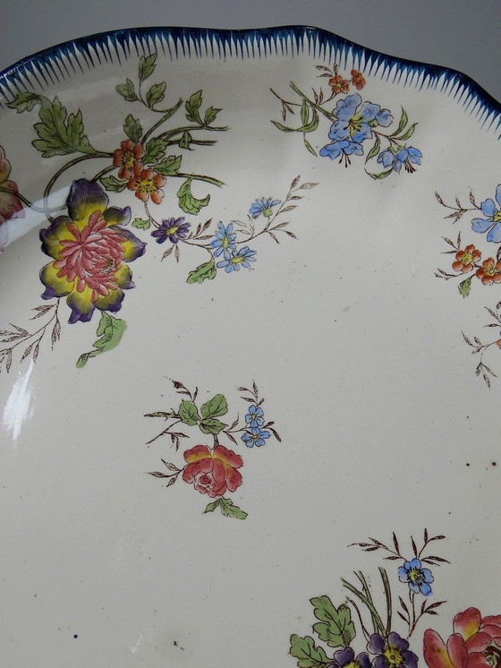 Image 1 of Coupe Longchamp Terre De Fer Ancien Faïence Polychrome Fleurs