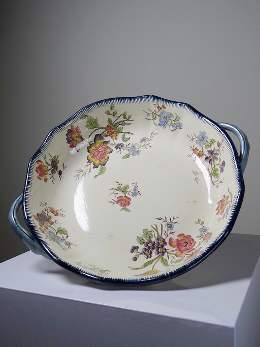 Coupe Longchamp Terre De Fer Ancien Faïence Polychrome Fleurs