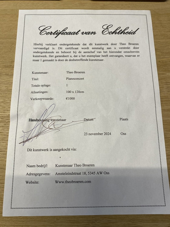 Image 1 of Theo Broeren "Pianoconcert" - Peinture originale sur toile - 100Cm X 120Cm - Avec certificat d'authenticité