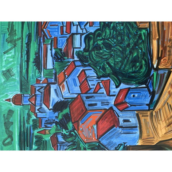 Image 1 of Affiche lithographique vintage du village de Kischka, 1971