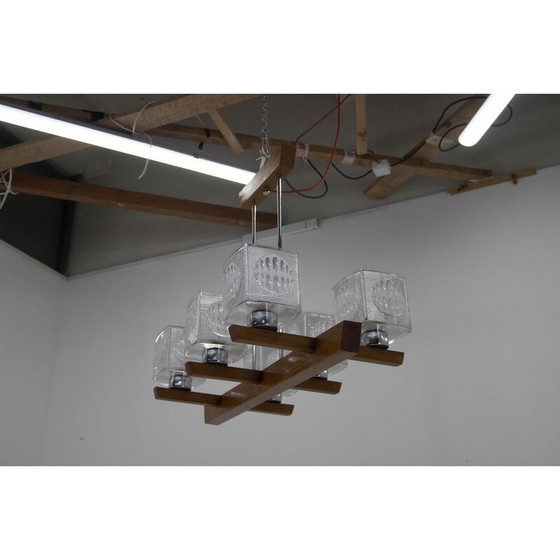 Image 1 of Lustre vintage en métal, bois et verre par Instala Decin, Tchécoslovaquie 1970