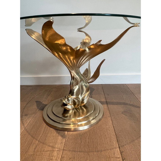Image 1 of Table basse vintage en laiton représentant un poisson, France 1970