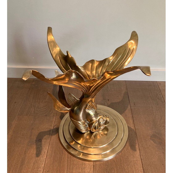 Image 1 of Table basse vintage en laiton représentant un poisson, France 1970