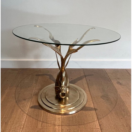 Image 1 of Table basse vintage en laiton représentant un poisson, France 1970