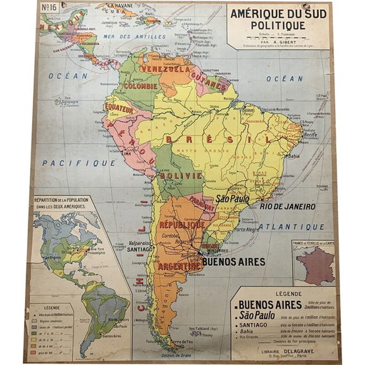 Carte scolaire d'époque n°16 et 16 bis par A. Gibert pour Delagrave
