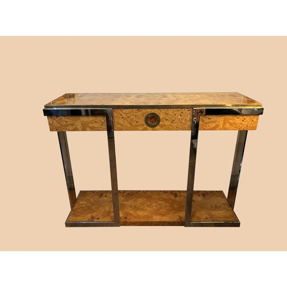 Console vintage "Alveo" en loupe d'orme et laiton doré pour Mario Sabot, 1970 (photo 2 of 5)