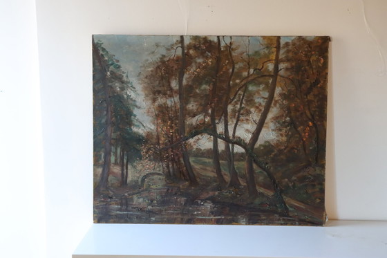 Image 1 of C.Fondanéche-60S Peinture à l'huile sur toile française-Scène d'automne-Vallée fluviale dans les bois-Sceau C.Fondanéche