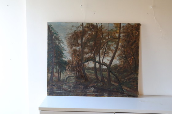 Image 1 of C.Fondanéche-60S Peinture à l'huile sur toile française-Scène d'automne-Vallée fluviale dans les bois-Sceau C.Fondanéche