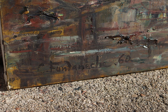Image 1 of C.Fondanéche-60S Peinture à l'huile sur toile française-Scène d'automne-Vallée fluviale dans les bois-Sceau C.Fondanéche