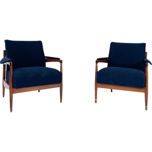Paire de fauteuils vintage en bois et tissu bouclé bleu, Italie 1960