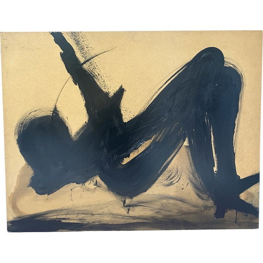 Peinture sénégalaise vintage à l'huile sur bois jaune et noir par André Ferrand, 1983