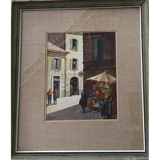 Image 1 of Aquarelle vintage "Flower Stall Rome" par Henry Gasser, 1955