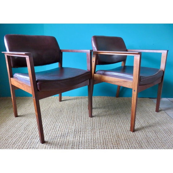 Image 1 of Paire de fauteuils vintage en palissandre de Rio et cuir prune, Danemark 1960