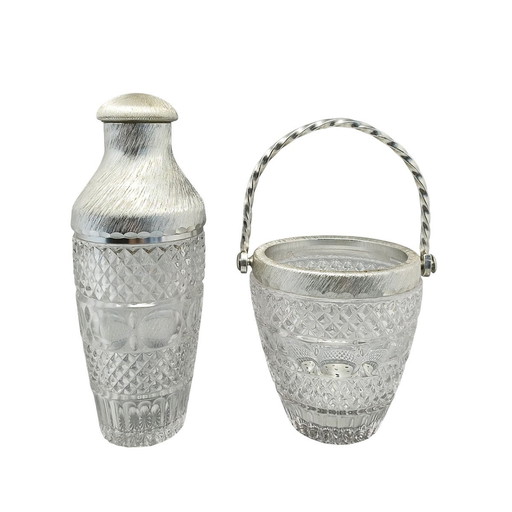 1960S Gorgeous Cut Crystal Cocktail Shaker With Ice Bucket By Arir. Fabriqué en Italie.