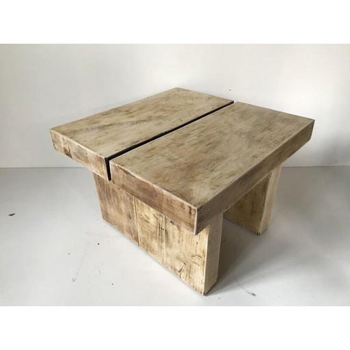 Table basse vintage brutaliste en bois massif