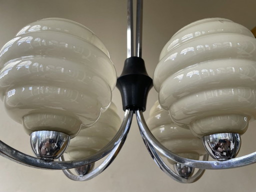 Lampe 4 Bras Art Déco 1930s Verre Jaune Bols Chrome Ventilateurs