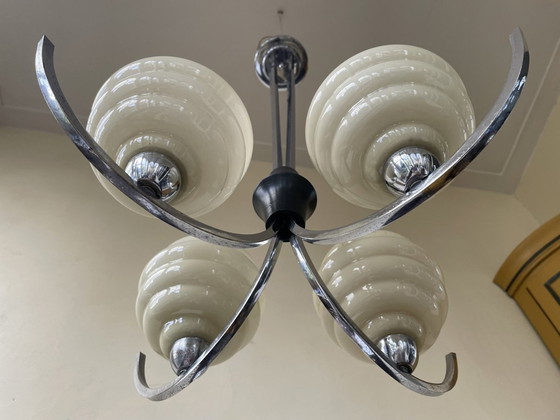 Image 1 of Lampe 4 Bras Art Déco 1930s Verre Jaune Bols Chrome Ventilateurs