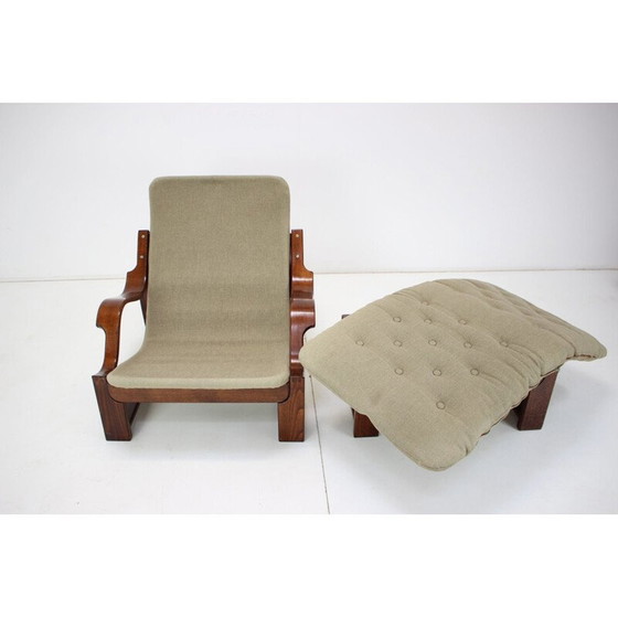 Image 1 of Fauteuil et repose-pieds vintage scandinave en bois et tissu, années 1960