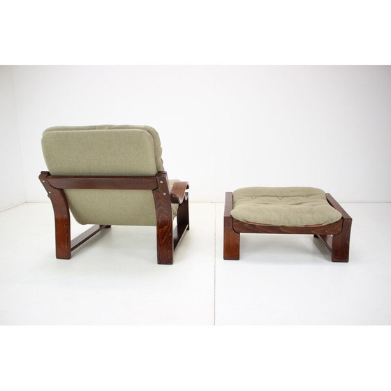 Image 1 of Fauteuil et repose-pieds vintage scandinave en bois et tissu, années 1960