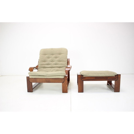 Image 1 of Fauteuil et repose-pieds vintage scandinave en bois et tissu, années 1960