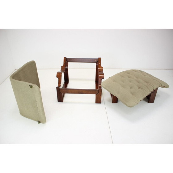Image 1 of Fauteuil et repose-pieds vintage scandinave en bois et tissu, années 1960
