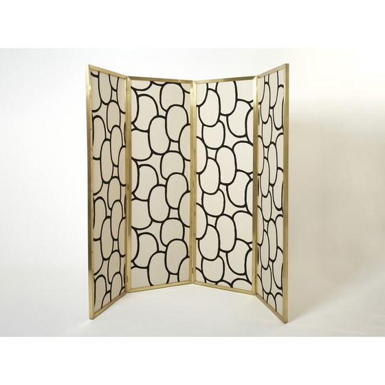 Image 1 of Paravent vintage à quatre panneaux en laiton et soie de Galerie Maison et Jardin, 1970