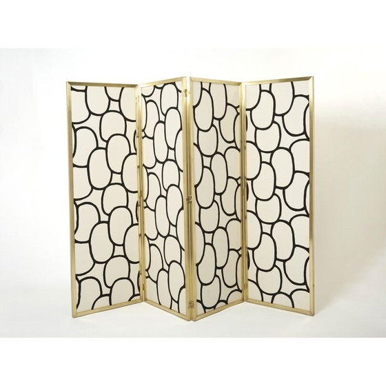Image 1 of Paravent vintage à quatre panneaux en laiton et soie de Galerie Maison et Jardin, 1970