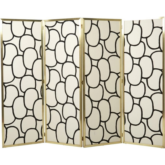 Image 1 of Paravent vintage à quatre panneaux en laiton et soie de Galerie Maison et Jardin, 1970