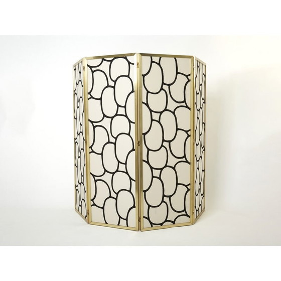 Image 1 of Paravent vintage à quatre panneaux en laiton et soie de Galerie Maison et Jardin, 1970