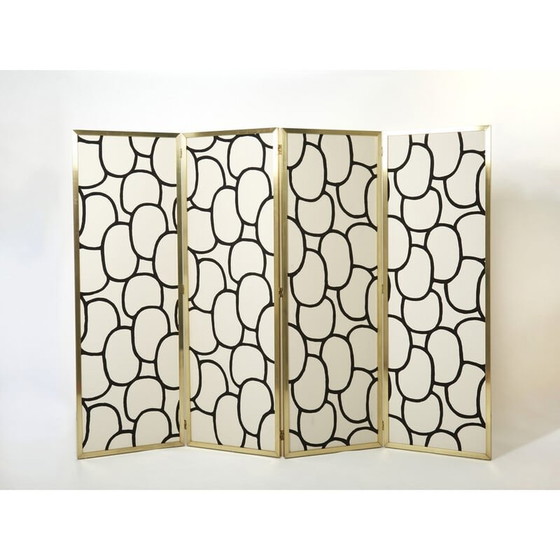 Image 1 of Paravent vintage à quatre panneaux en laiton et soie de Galerie Maison et Jardin, 1970