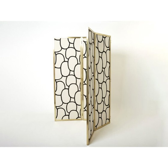 Image 1 of Paravent vintage à quatre panneaux en laiton et soie de Galerie Maison et Jardin, 1970