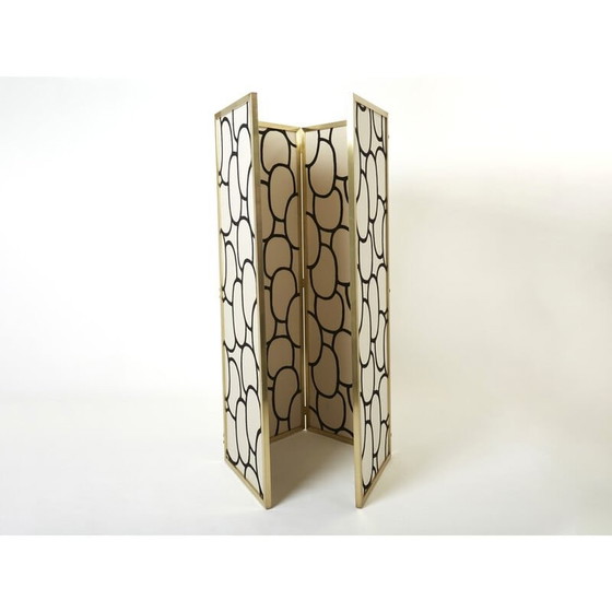 Image 1 of Paravent vintage à quatre panneaux en laiton et soie de Galerie Maison et Jardin, 1970