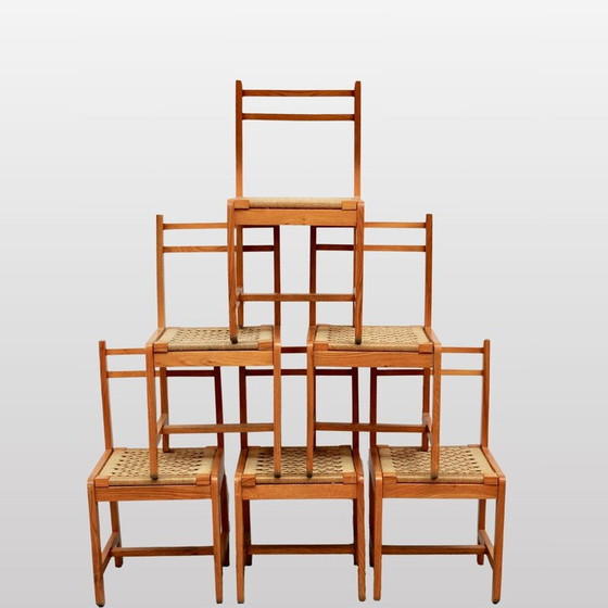 Image 1 of Ensemble de 6 chaises vintage en bois et corde, Italie 1960