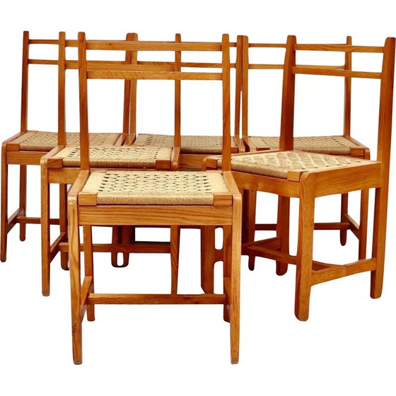 Image 1 of Ensemble de 6 chaises vintage en bois et corde, Italie 1960