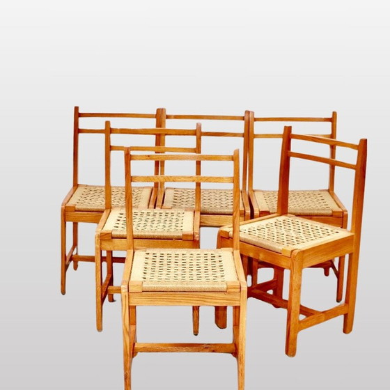 Image 1 of Ensemble de 6 chaises vintage en bois et corde, Italie 1960