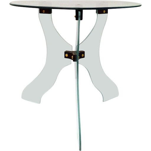 Table basse vintage en bois et cristal, Italie 1950