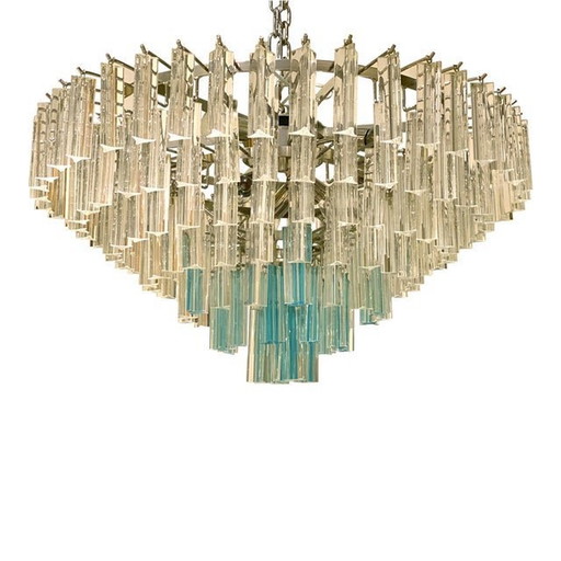 Lustre contemporain en verre de Murano Triedro transparent et bleu clair