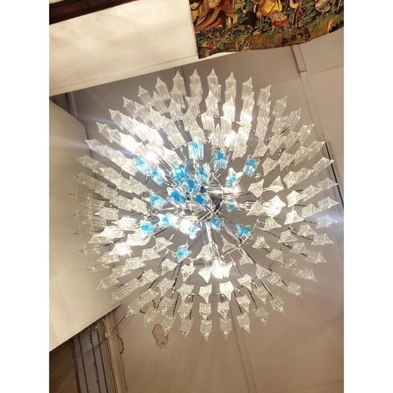 Image 1 of Lustre contemporain en verre de Murano Triedro transparent et bleu clair