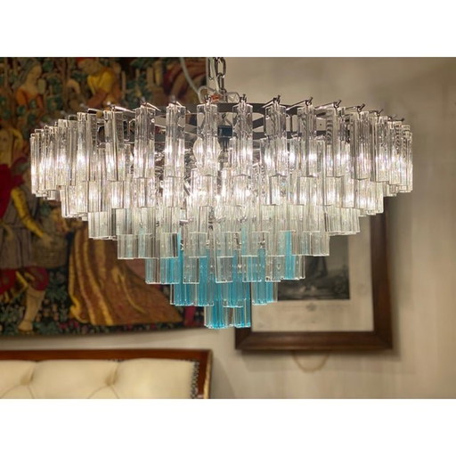 Lustre contemporain en verre de Murano Triedro transparent et bleu clair