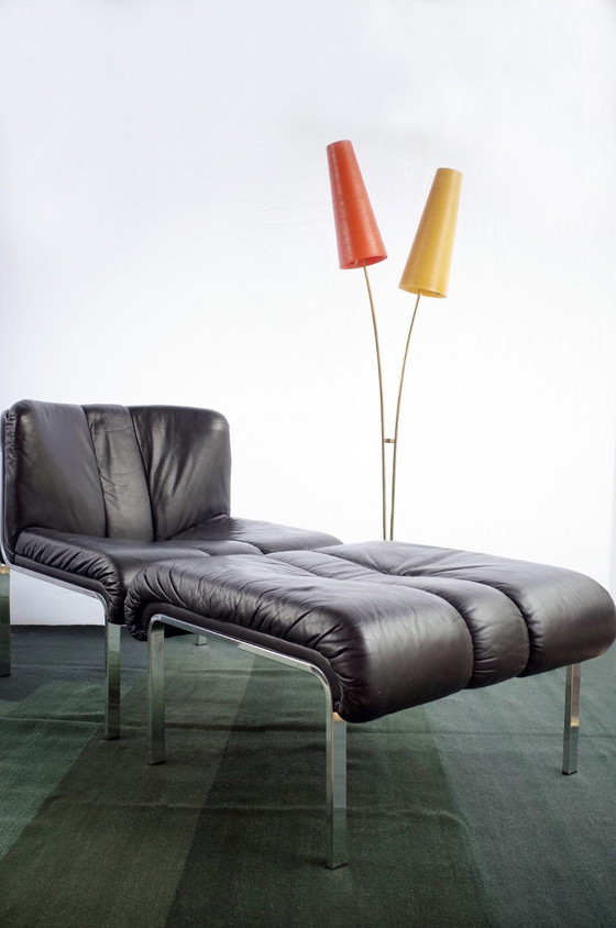 Image 1 of Fauteuil En Cuir Avec Ottomane Lounge Chair Modèle 1200 Eichenberger Pour Girsberger