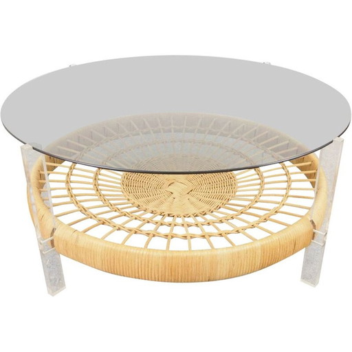 Table basse ronde vintage en verre fumé et rotin avec supports en lucite