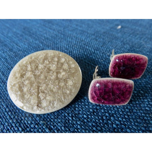 Broche vintage et paire de boucles d'oreilles en émail craquelé par Ole Bjorn Kruger, Danemark