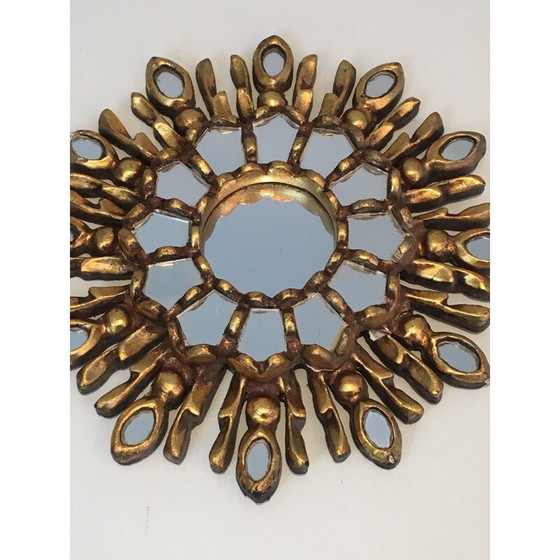 Image 1 of Petit miroir vintage Soleil en bois sculpté et doré 1970