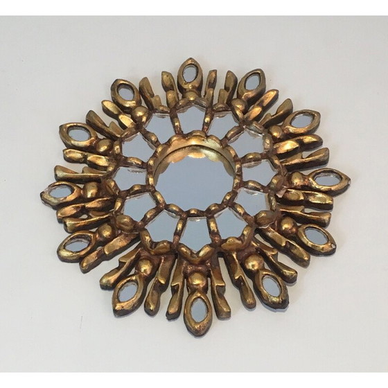 Image 1 of Petit miroir vintage Soleil en bois sculpté et doré 1970