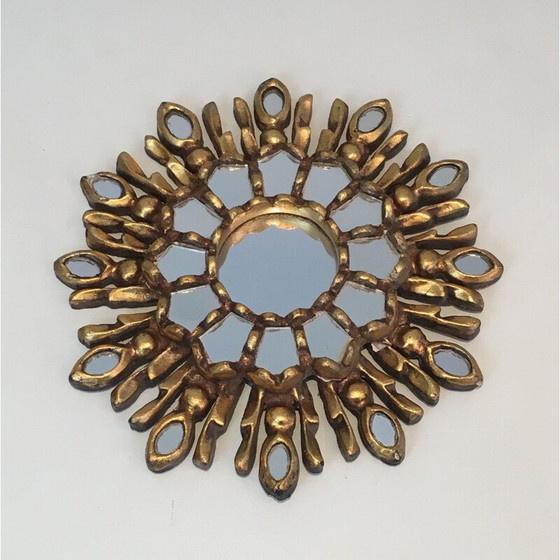 Image 1 of Petit miroir vintage Soleil en bois sculpté et doré 1970
