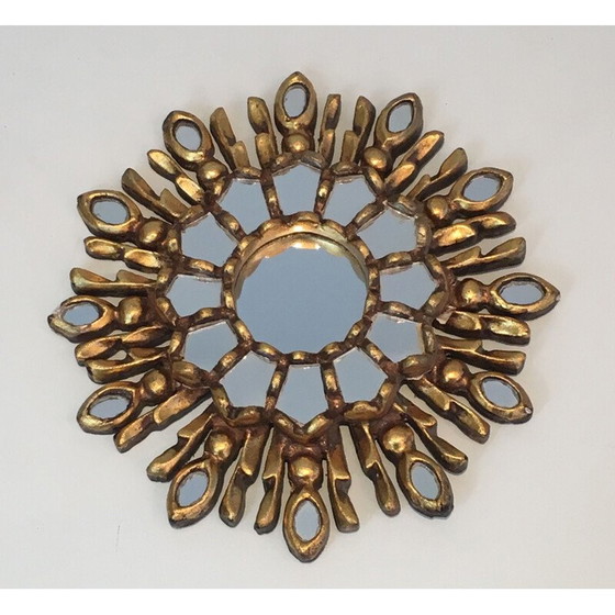 Image 1 of Petit miroir vintage Soleil en bois sculpté et doré 1970