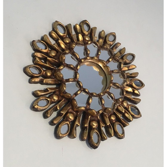 Image 1 of Petit miroir vintage Soleil en bois sculpté et doré 1970