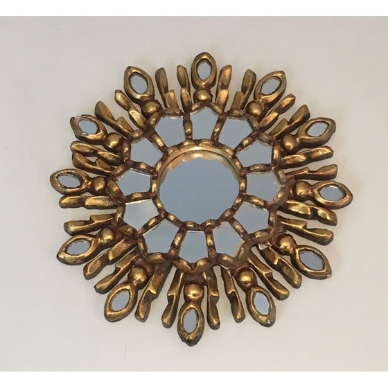 Image 1 of Petit miroir vintage Soleil en bois sculpté et doré 1970