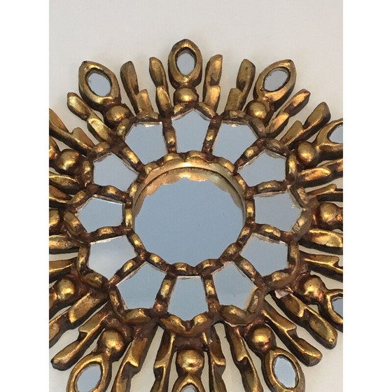Image 1 of Petit miroir vintage Soleil en bois sculpté et doré 1970