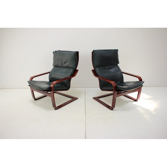 Image 1 of Paire de fauteuils vintage en cuir et bois pour Ikea, Suède 1980